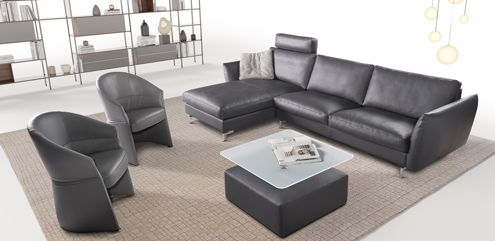 CL970 Longchair-Kombination, zwei Sesseln und eckigem Couchtisch, schwarz-graues Leder