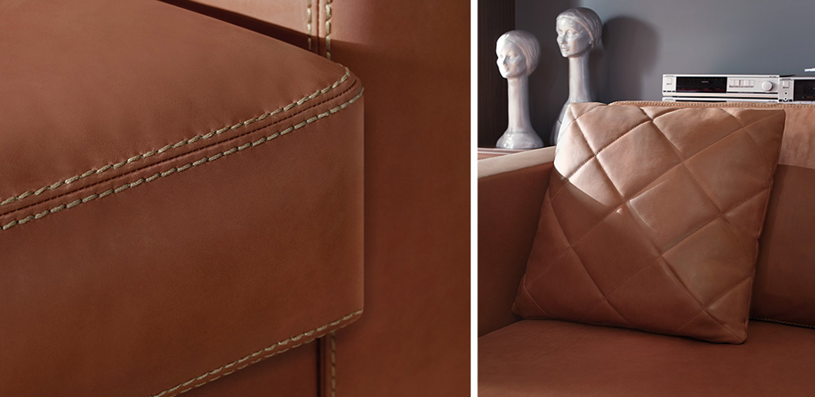Close-up of the seam on leather couch and leather cushion
