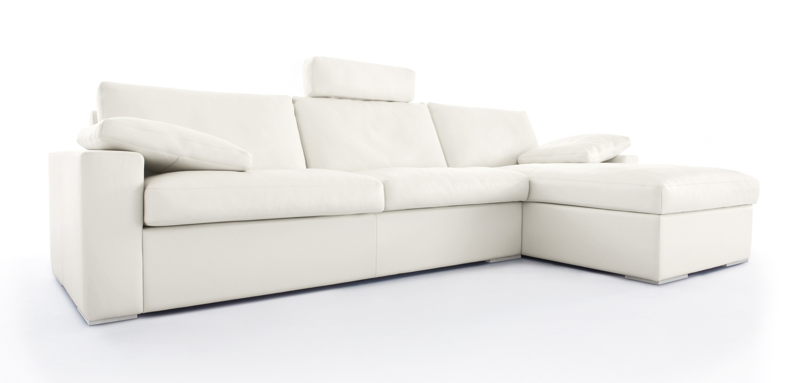 Oblique view CL150 in white leather as longchair combination with cushions and headrests.