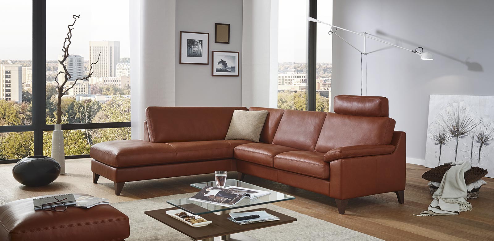 CL650 over corner with long chair in red-brown leather in city flat