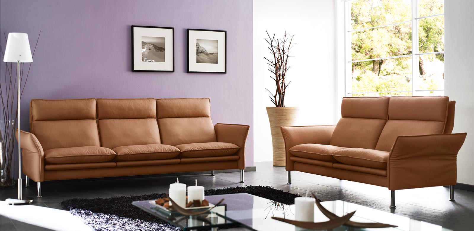 Porto 3-Sitzer und 2-Sitzer in hellbraunem Leder im modernen Wohnzimmer mit violetter Wand.